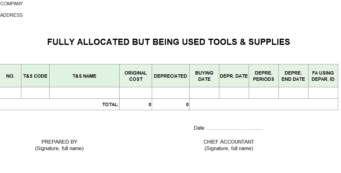 Bảng kê CCDC hết phân bổ còn sử dụng ( TIẾNG ANH )