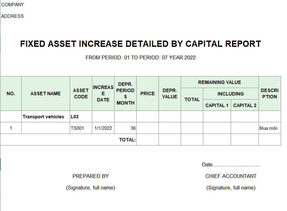 Mẫu báo cáo chi tiết tăng TSCĐ theo nguồn vốn ( TIẾNG ANH )