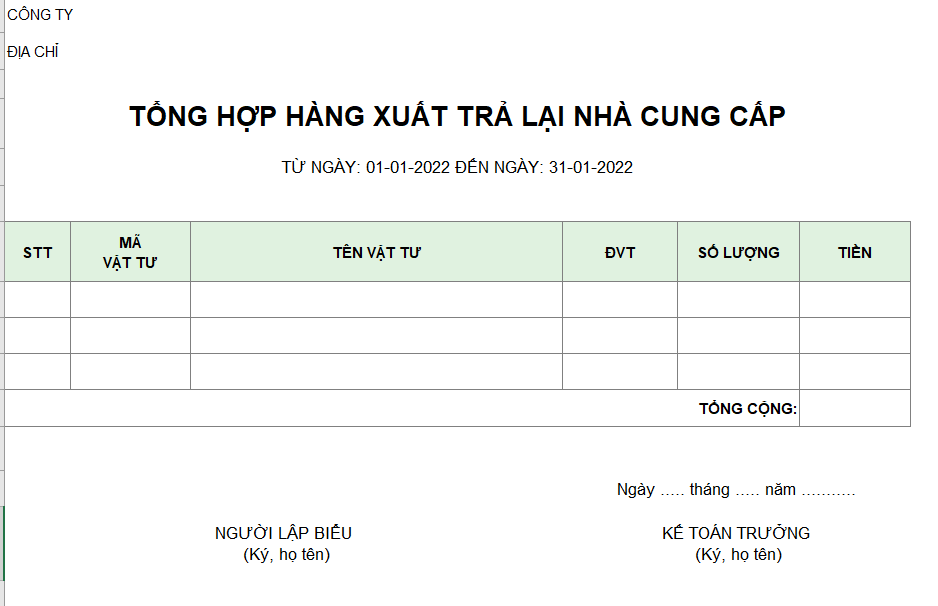 Tổng hợp hàng xuất trả lại nhà cung cấp