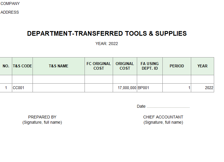 Bảng kê CCDC chuyển bộ phận sử dụng ( TIẾNG ANH - NGOẠI TỆ )