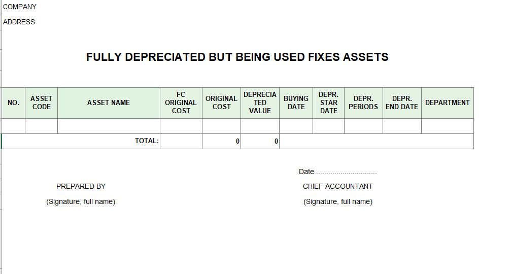 Bảng kê tài sản hết khấu hao còn sử dụng ( TIẾNG ANH - NGOẠI TỆ )