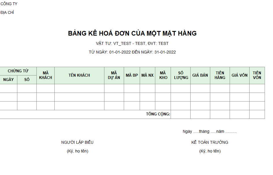 Bảng kê hóa đơn của một mặt hàng ( Có giá vốn )