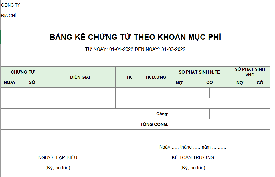 Bảng kê chứng từ theo khoản mục phí ( NGOẠI TỆ )