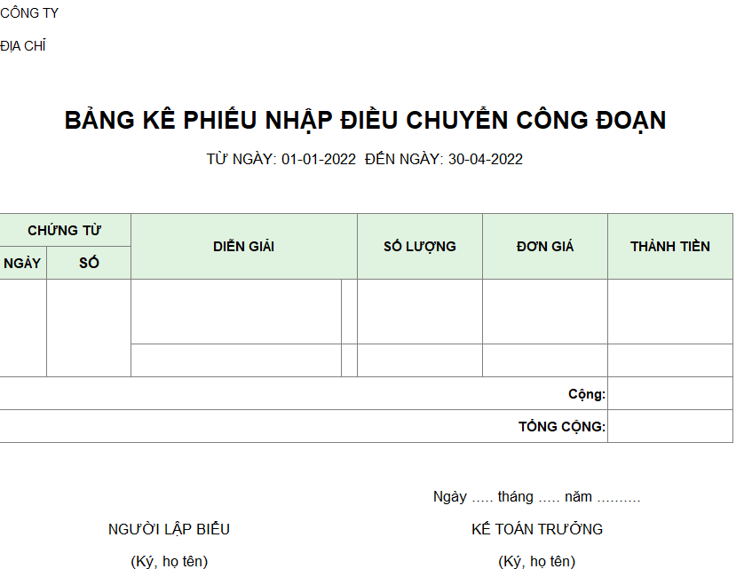 Bảng kê phiếu nhập điều chuyển công đoạn