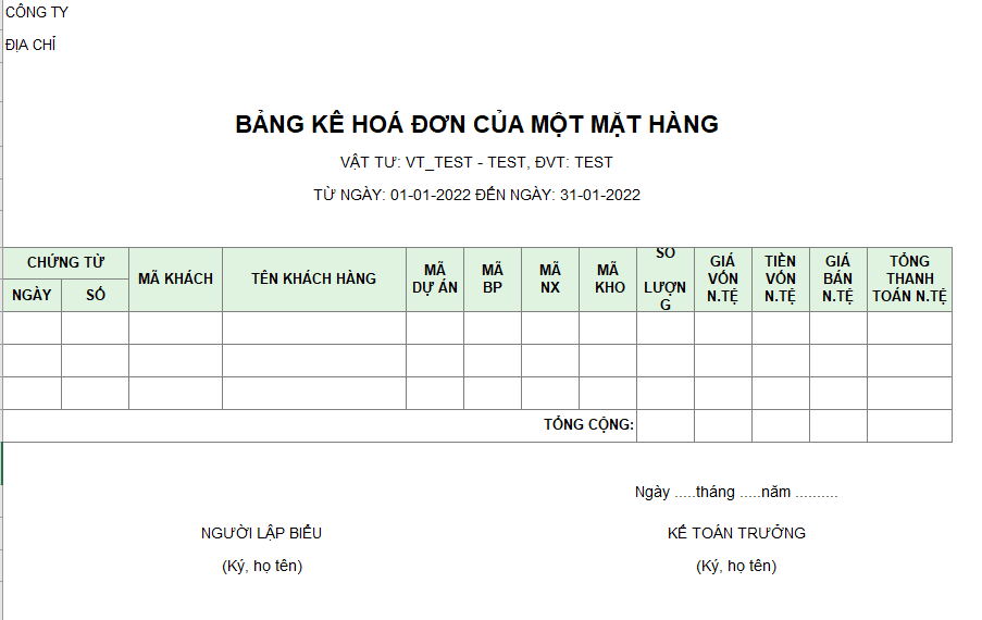 Bảng kê hóa đơn của một mặt hàng ( Có giá vốn - NGOẠI TỆ )