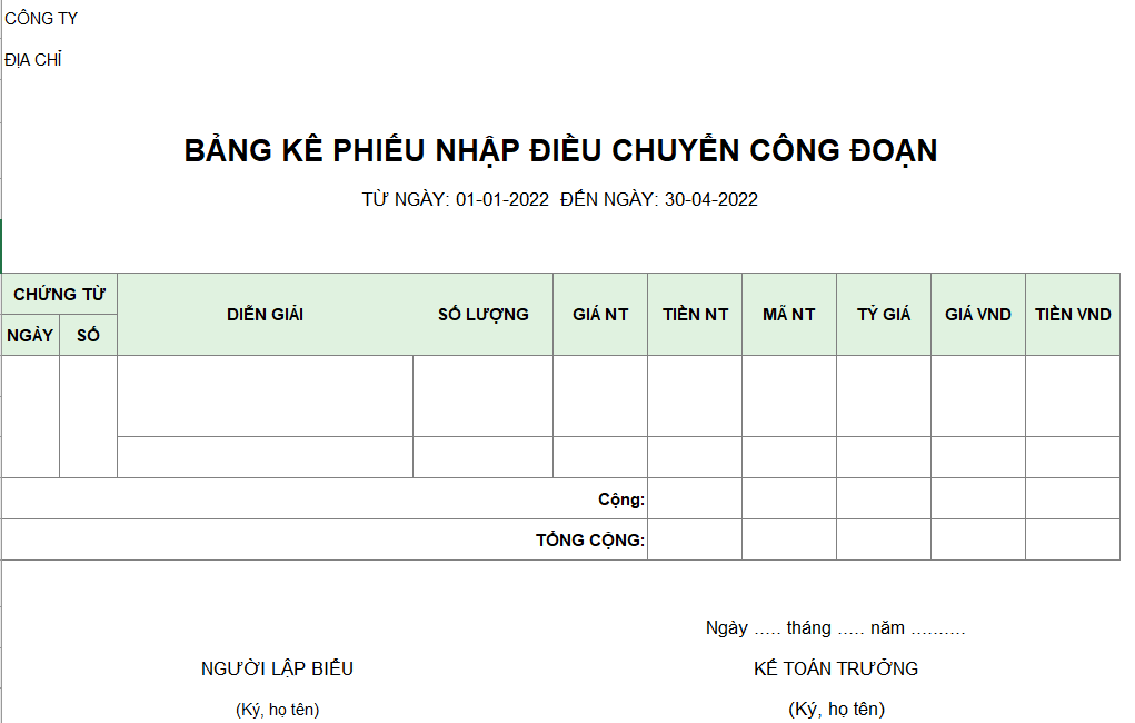 Bảng kê phiếu nhập điều chuyển công đoạn ( NGOẠI TỆ )