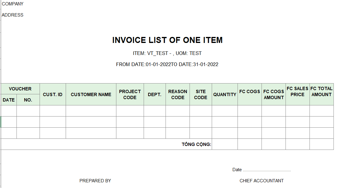 Bảng kê hóa đơn của một mặt hàng ( Có giá vốn -TIẾNG ANH- NGOẠI TỆ )