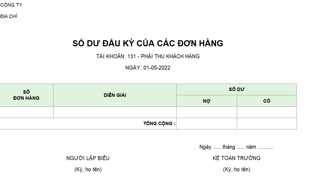 Số dư đầu kỳ của các đơn hàng