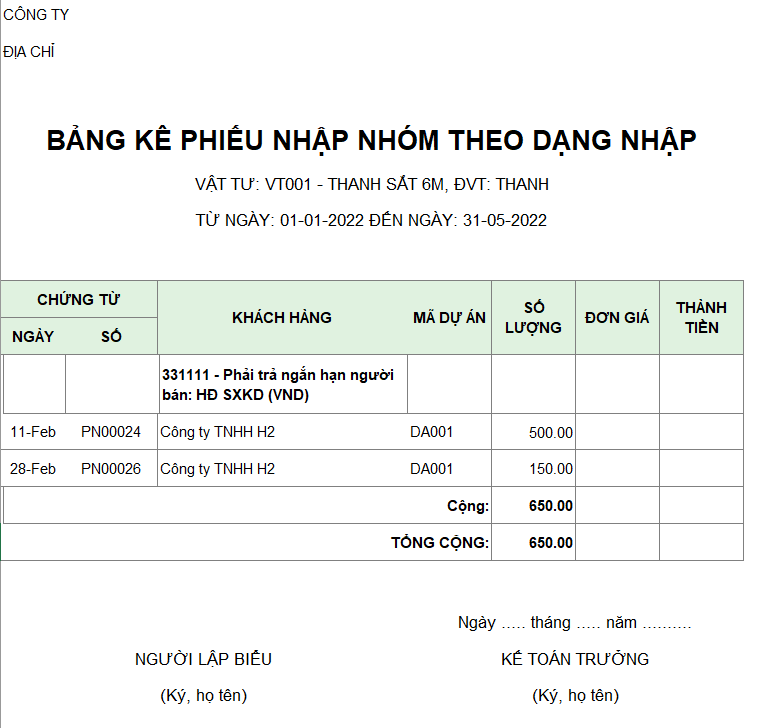 Bảng kê phiếu nhập nhóm theo dạng nhập