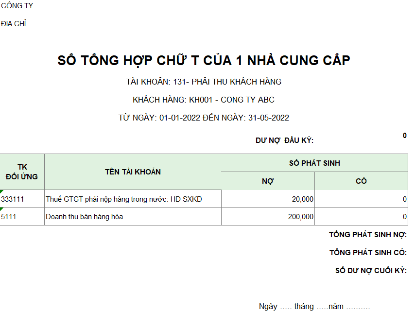 Sổ công nợ chữ T của một nhà cung cấp