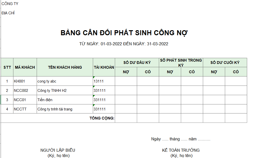 Bảng cân đối phát sinh công nợ