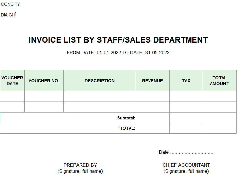 Mẫu bảng kê hóa đơn bán hàng theo NV/BP kinh doanh ( TIẾNG ANH )