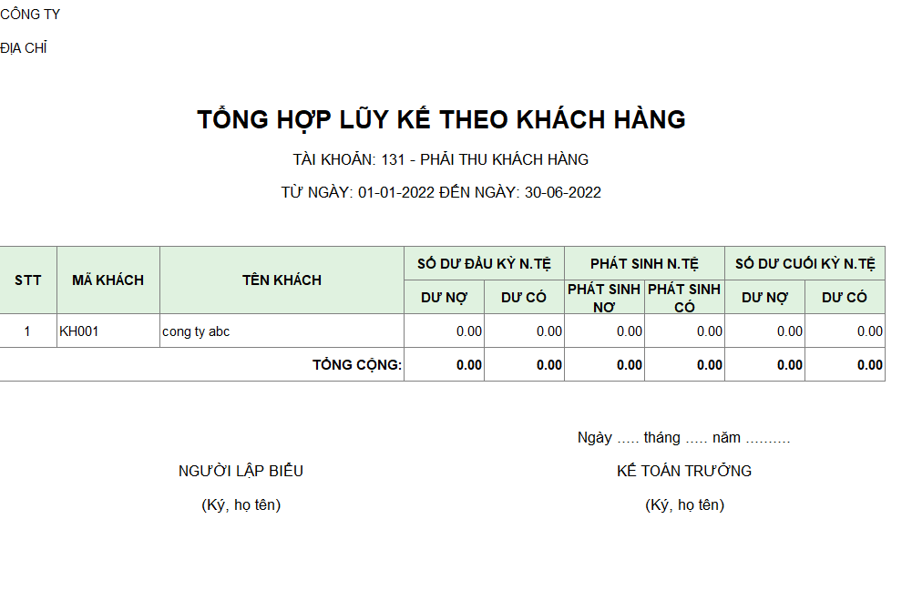 Báo cáo phát sinh lũy kế của khách hàng ( NGOẠI TỆ )