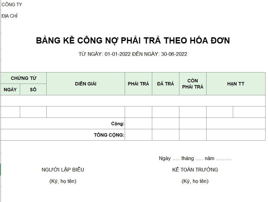 Bảng kê công nợ phải trả theo hóa đơn