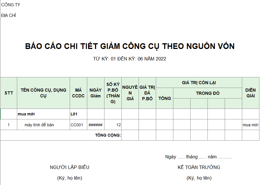 Mẫu báo cáo chi tiết giảm CCDC theo nguồn vốn