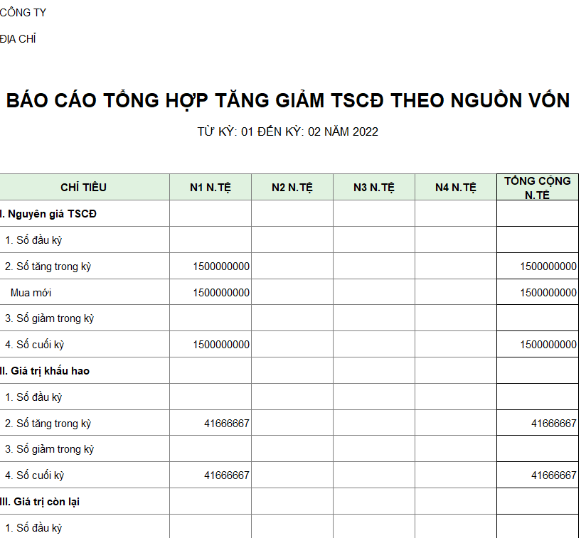 Báo cáo tổng hợp tăng giảm TSCĐ theo nguồn vốn ( NGOẠI TỆ )