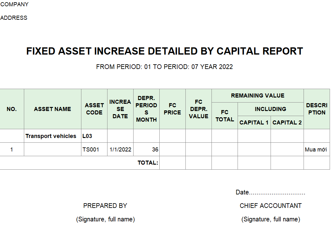 Mẫu báo cáo chi tiết tăng TSCĐ theo nguồn vốn ( TIẾNG ANH -NGOẠI TỆ )