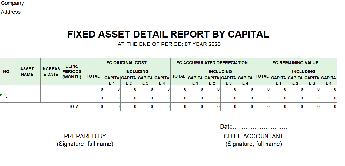 Mẫu báo cáo chi tiết TSCĐ theo nguồn vốn ( TIẾNG ANH- NGOẠI TỆ ))