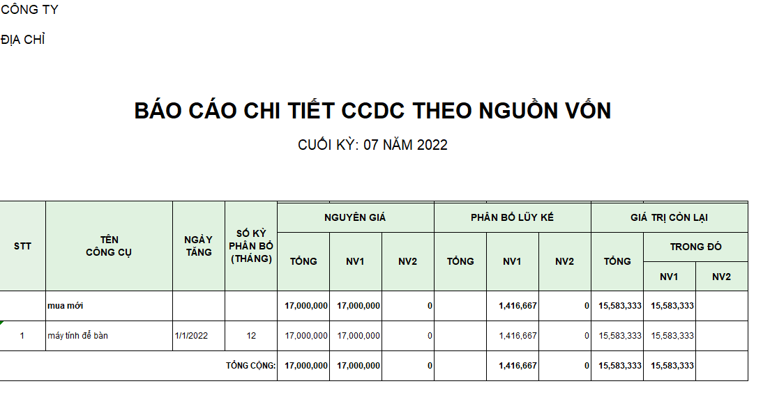 Báo cáo chi tiết CCDC theo nguồn vốn
