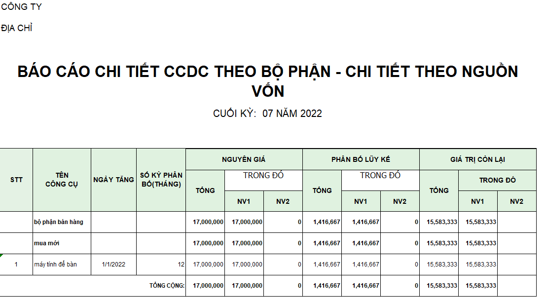 Báo cáo chi tiết CCDC theo bộ phận và nguồn vốn