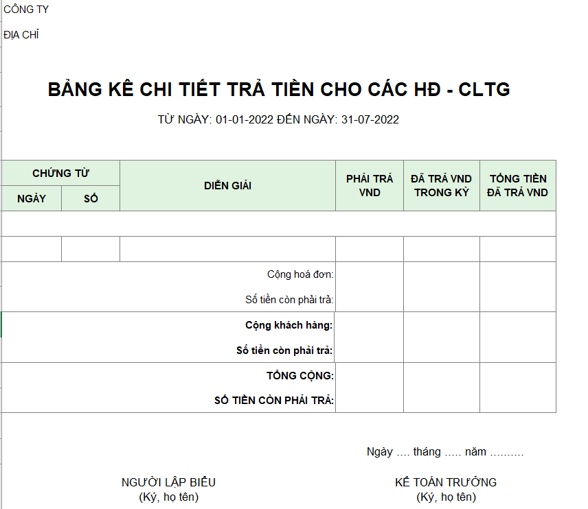 Bảng kê chi tiết trả tiền cho các hóa đơn