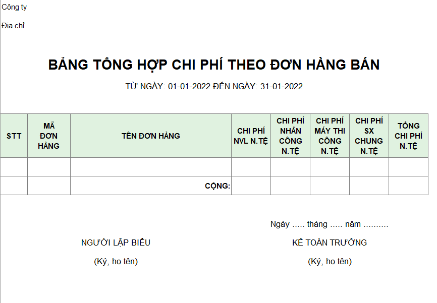 Mẫu bảng tổng hợp chi phí theo đơn hàng bán ( NGOẠI TỆ )