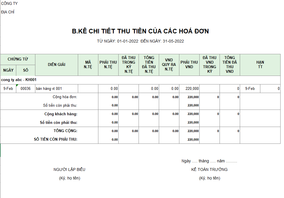 Mẫu bảng kê chi tiết thu tiền của các hóa đơn ( NGOẠI TỆ )