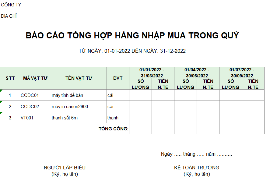 Báo cáo tổng hợp hàng nhập mua trong quý ( NGOẠI TỆ )