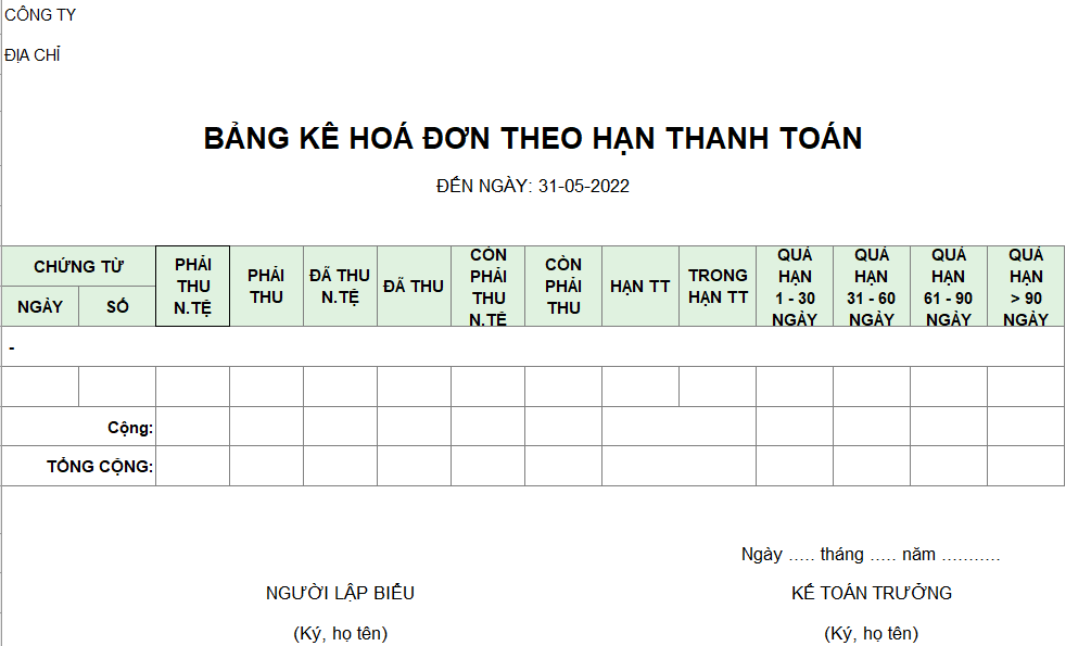 Mẫu bảng kê hóa đơn theo hạn thanh toán ( NGOẠI TỆ )