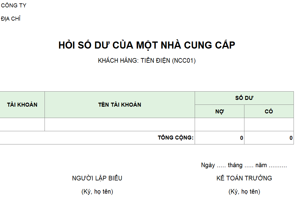 Số dư công nợ của một nhà cung cấp