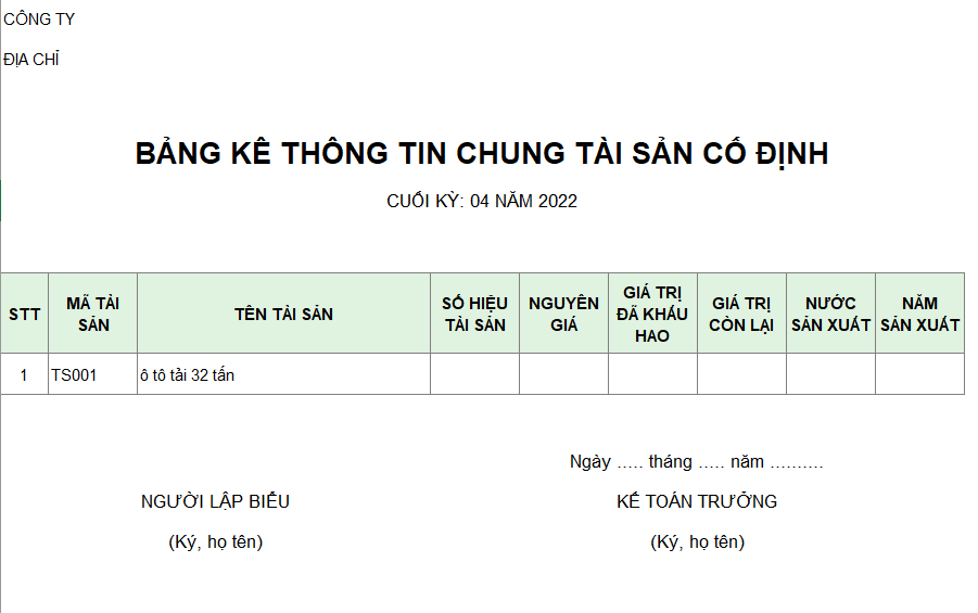 Bảng kê thông tin chung TSCĐ