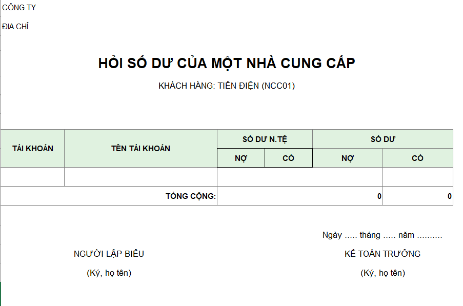 Số dư công nợ của một nhà cung cấp ( NGOẠI TỆ )