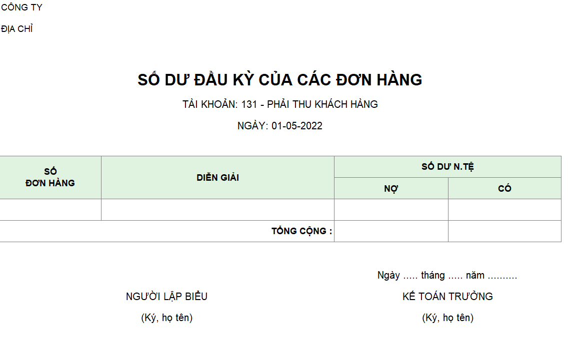 Số dư đầu kỳ của các đơn hàng( NGOẠI TỆ )