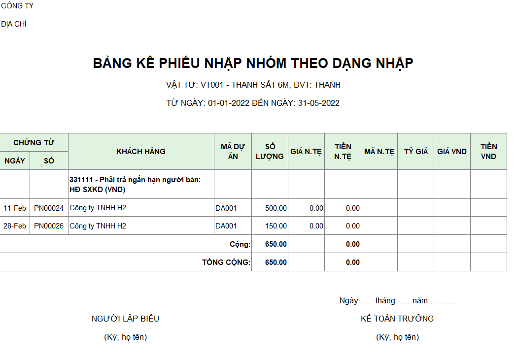 Bảng kê phiếu nhập nhóm theo dạng nhập ( NGOẠI TỆ )