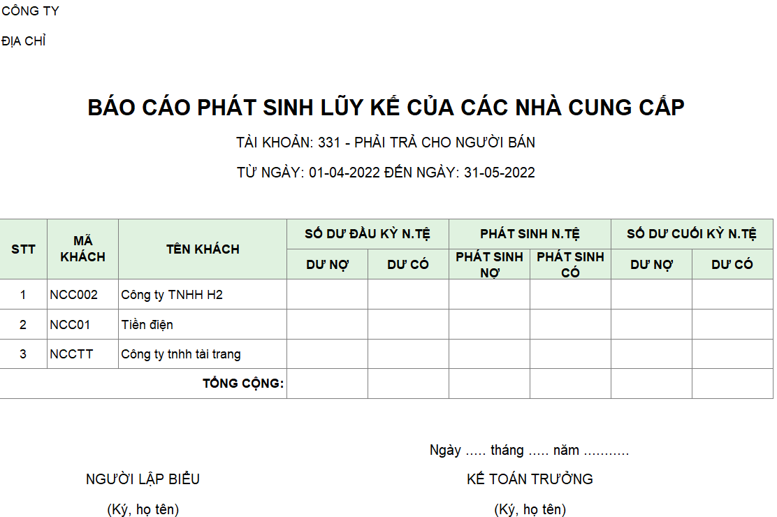 Báo cáo phát sinh lũy kế của các nhà cung cấp ( NGOẠI TỆ )