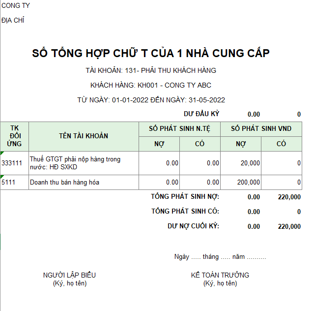 Sổ công nợ chữ T của một nhà cung cấp ( NGOẠI TỆ )