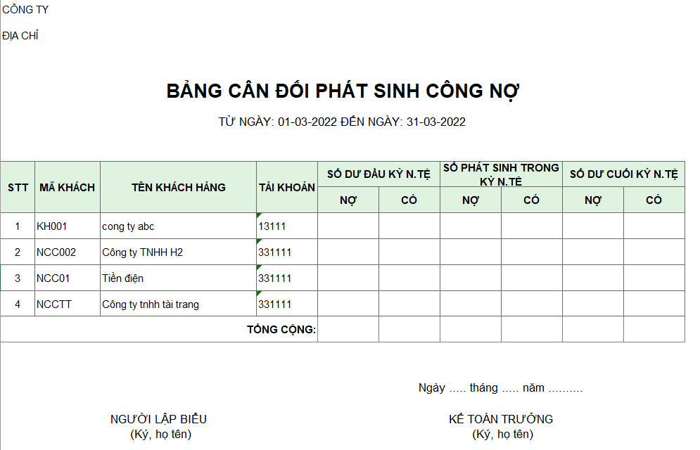 Bảng cân đối phát sinh công nợ ( NGOẠI TỆ )