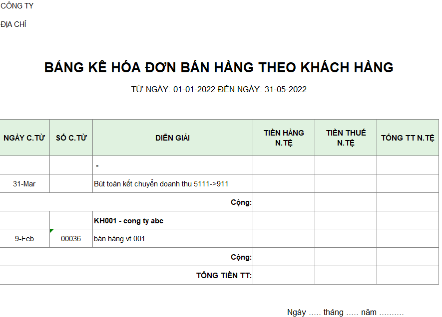 Bảng kê hóa đơn bán hàng theo khách hàng ( NGOẠI TỆ )