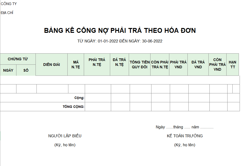 Bảng kê công nợ phải trả theo hóa đơn ( NGOẠI TỆ )