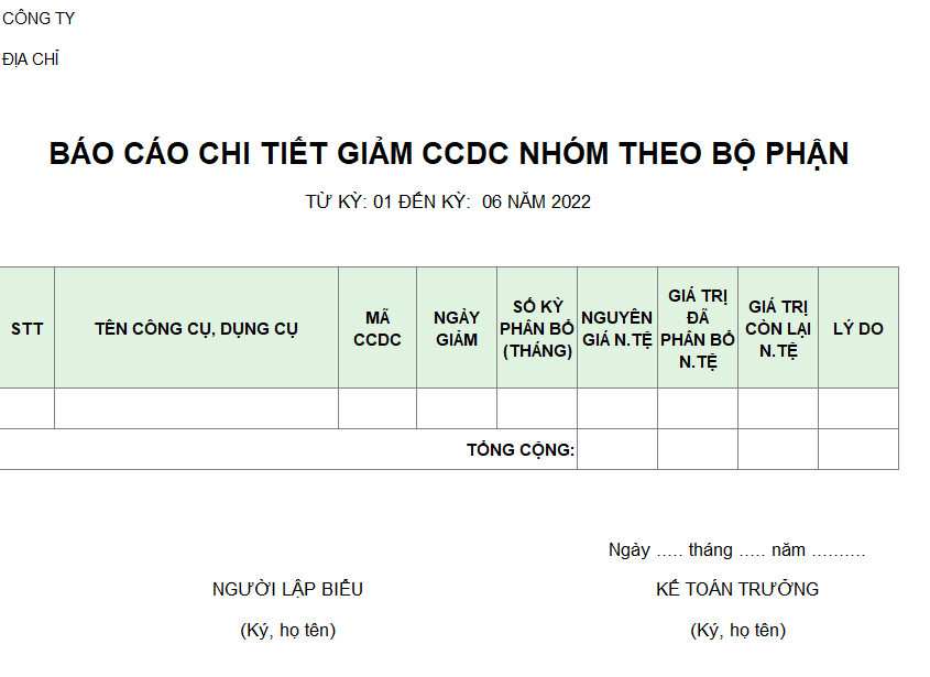 Mẫu báo cáo chi tiết giảm CCDC theo nhóm bộ phận ( NGOẠI TỆ )