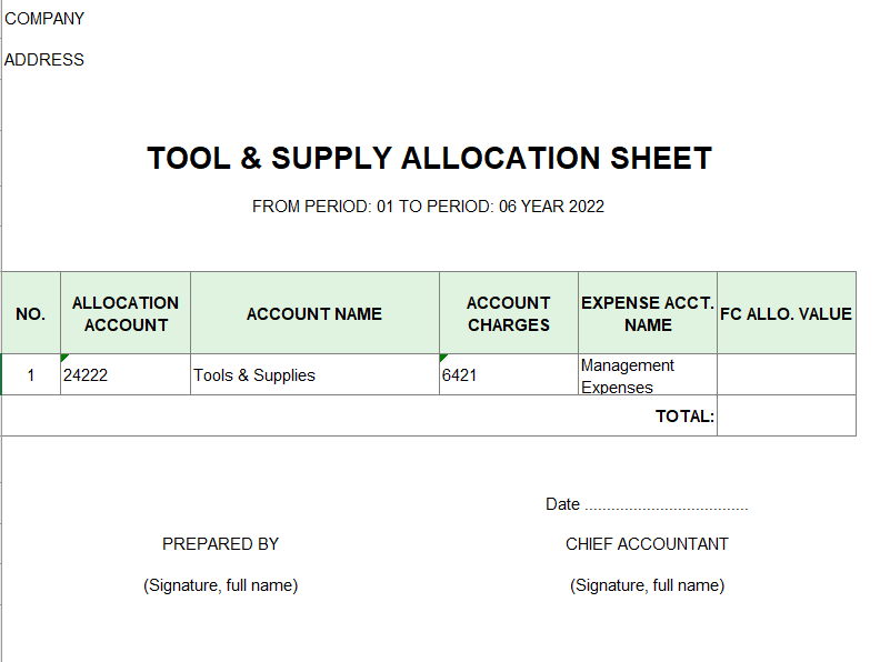 Bảng phân bổ CCDC ( TIẾNG ANH -NGOẠI TỆ)