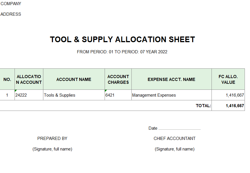 Bảng phân bổ khấu hao TSCĐ ( TIẾNG ANH - NGOẠI TỆ )