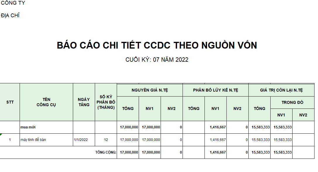 Báo cáo chi tiết CCDC theo nguồn vốn ( NGOẠI TỆ )