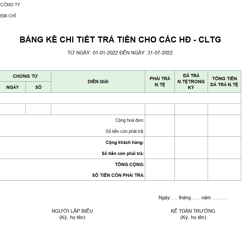 Bảng kê chi tiết trả tiền cho các hóa đơn ( NGOẠI TỆ )