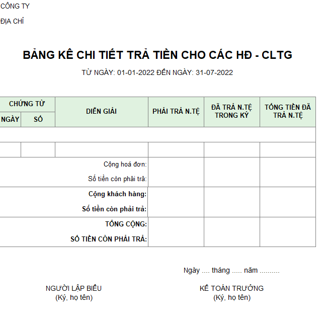 Bảng kê chi tiết trả tiền cho các hóa đơn - CLTG ( NGOẠI TỆ )