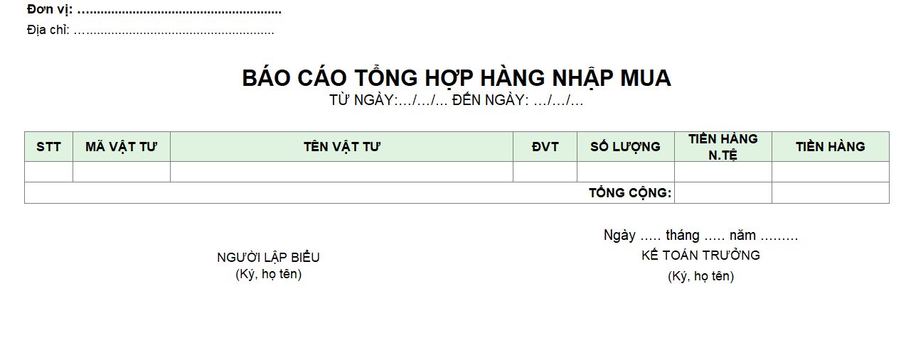 Mẫu báo cáo tổng hợp hàng nhập mua ( NGOẠI TỆ )