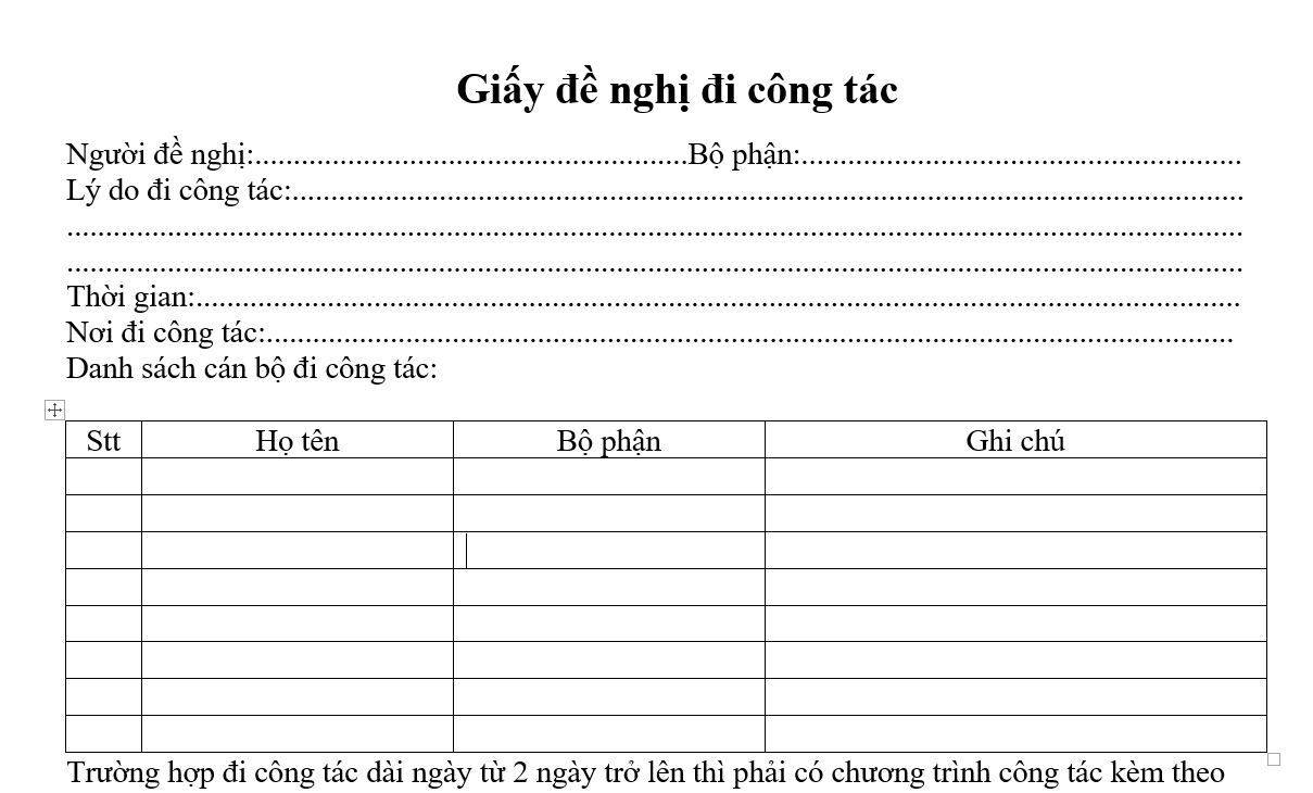 Quy định chế độ công tác phí - Giấy đề nghị đi công tác