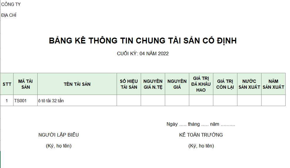 Bảng kê thông tin chung TSCĐ ( NGOẠI TỆ )