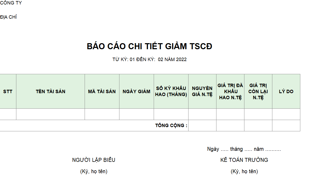 Mẫu báo cáo chi tiết giảm TSCĐ ( NGOẠI TỆ )