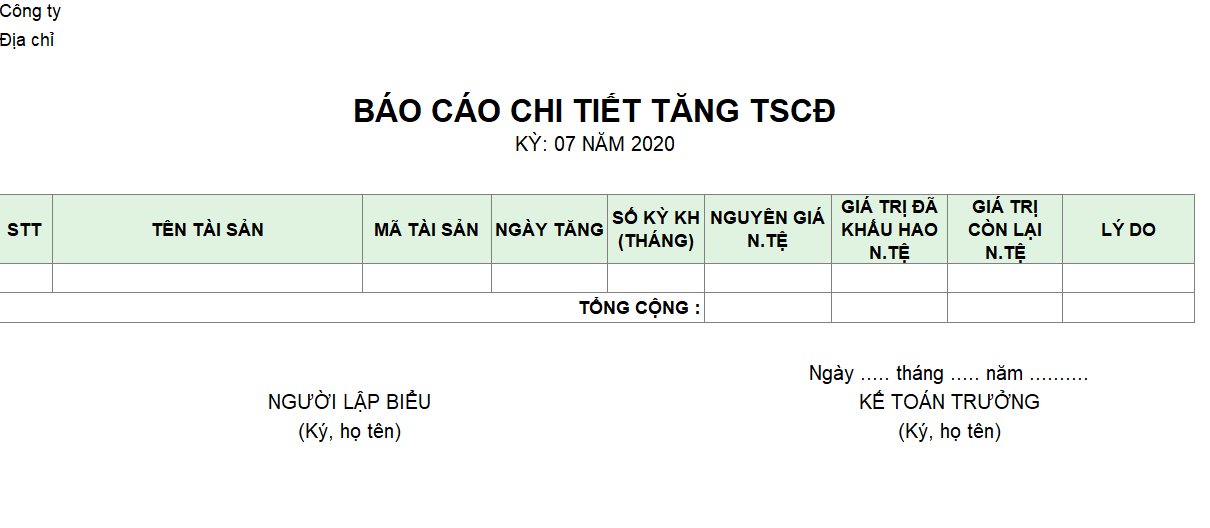 Mẫu báo cáo chi tiết tăng TSCĐ ( NGOẠI TỆ )